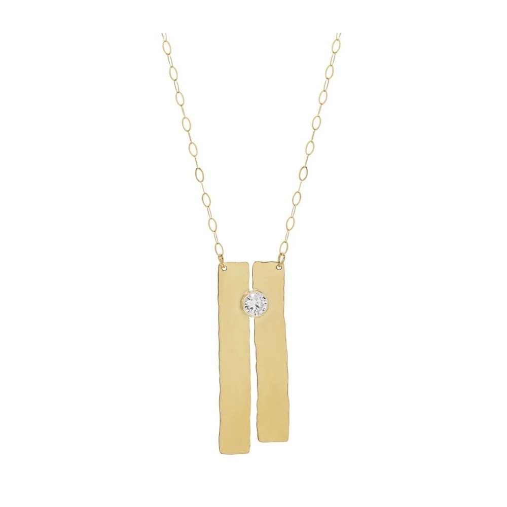14K Plated Gold Hammered Bar Pendant‎ Necklace with Cubic Zirconia Stone